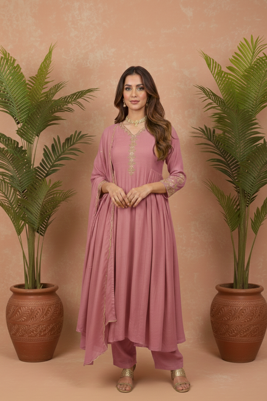ALIA Pink Mul Chanderi Embroidered Anarkali Suit AI front 2
