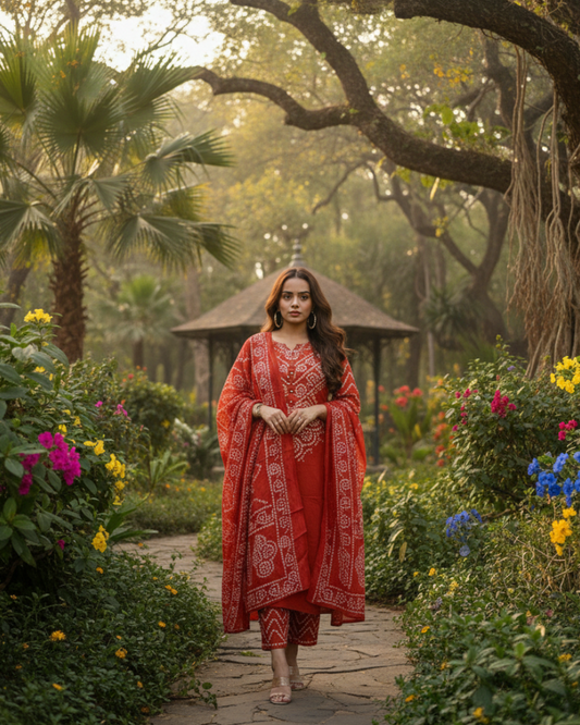 RIDHI Rust Bandhani Tie Dye Kurta Trousers Suit Set