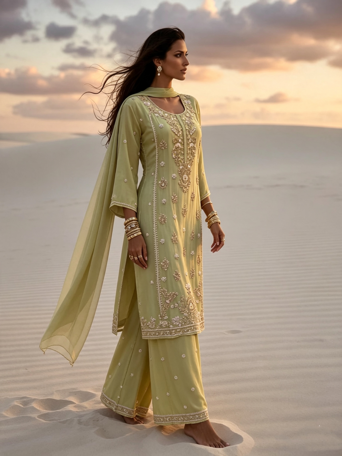 Diya Pistachio Green Silk Blend Hand embellished Kurta Palazzo Set