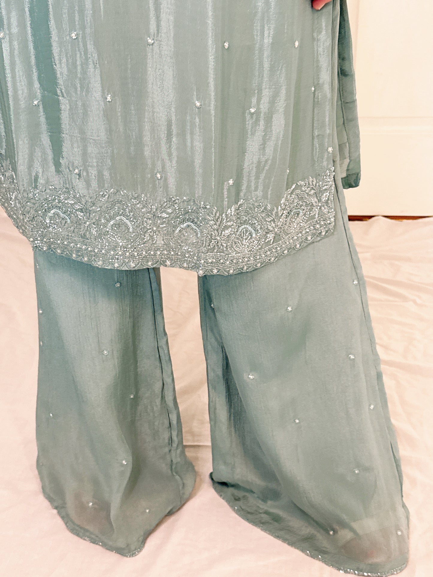 Aurelia Sea Green Blend Embroidered Kurta Palazzo Set