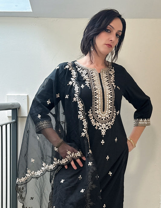 RHEA – Black Pearl & Zari Embroidered Silk Blend Suit Set