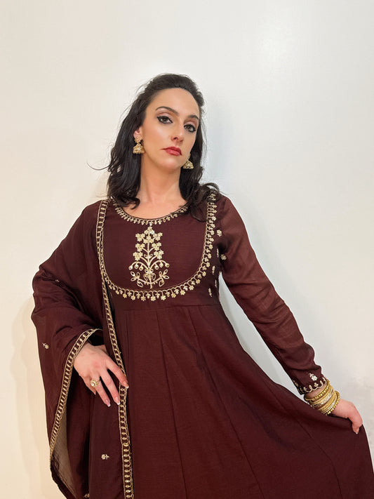 AMIRA – Coffee Floral Embroidered Anarkali Suit Set