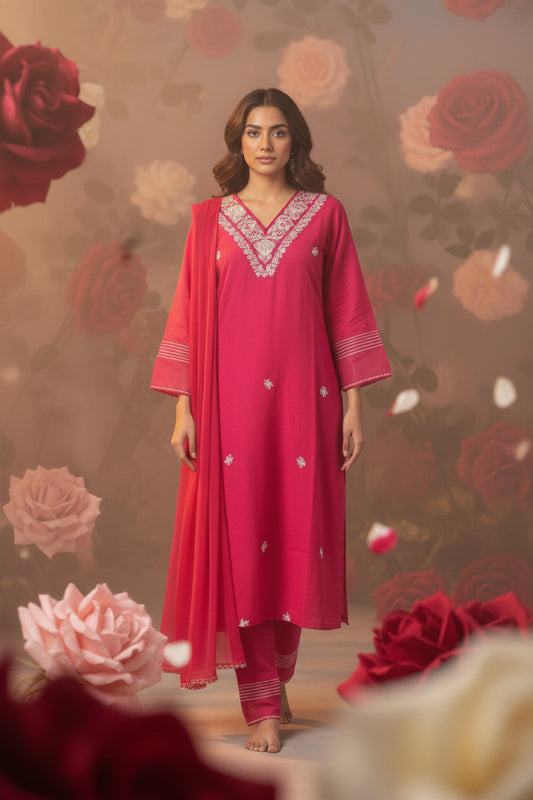 KIA Fuchsia Embroidered Cotton Silk Kurta Set