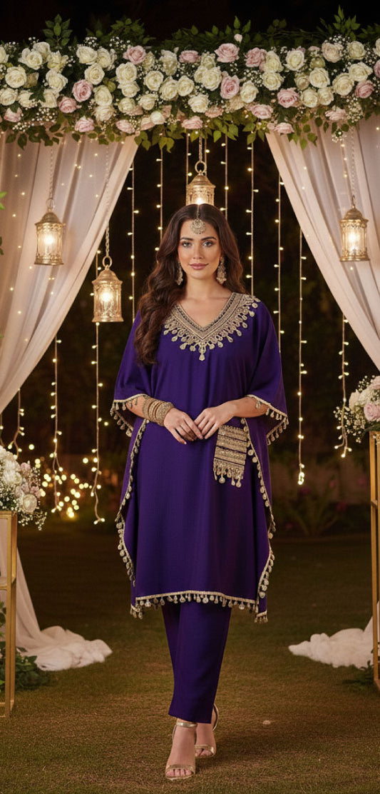 AVIRA Ethnic Motifs Embroidered Kaftan Kurta Trousers Set