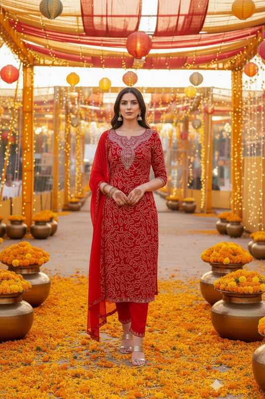 RAAYA Red Bandhani Tie Dye Embellished Kurta Set