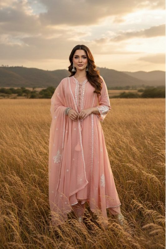 REEM Peach Mul Chanderi Embroidered Anarkali Suit Front Picture