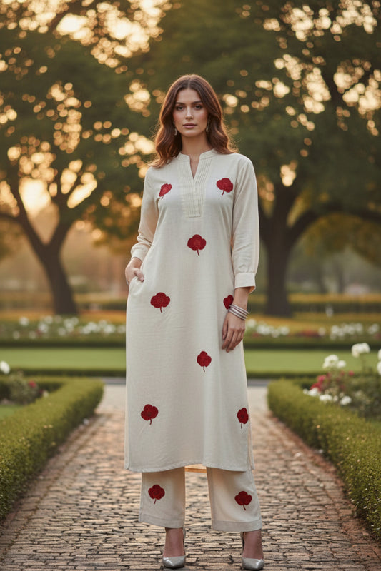 ROSA Pure Cotton Kurta Set With Floral Embroidery