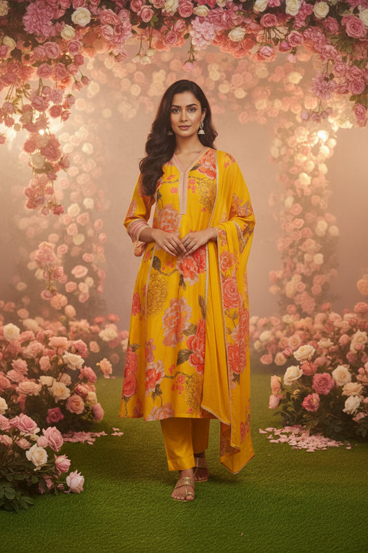 SAMARA Yellow Floral Embroidered Chanderi Anarkali Set