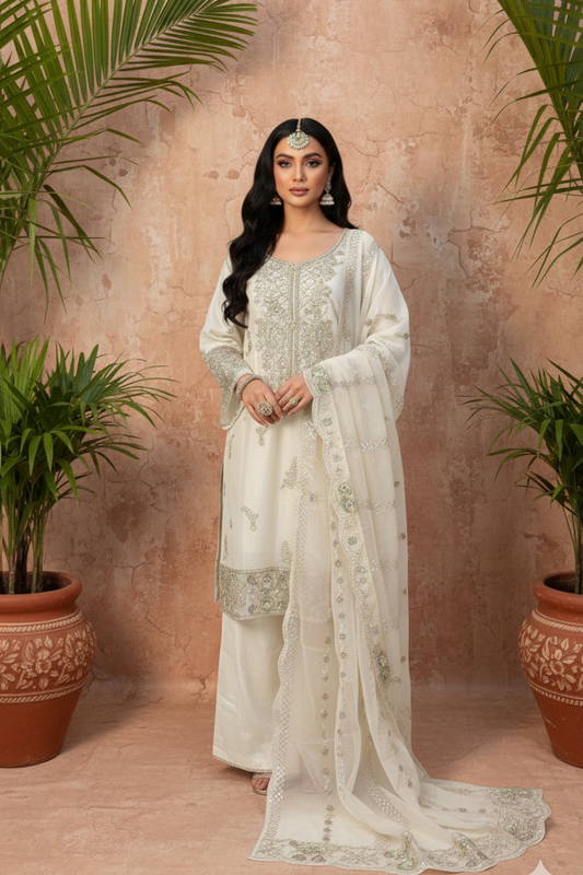 SEERAT White Luxury Embroidered Set With Palazzo AI front 2