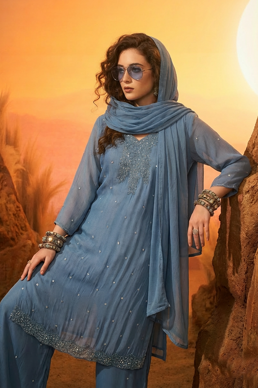 ZOYA Pale Blue Silk Blend Embroidered Kurta Set 1