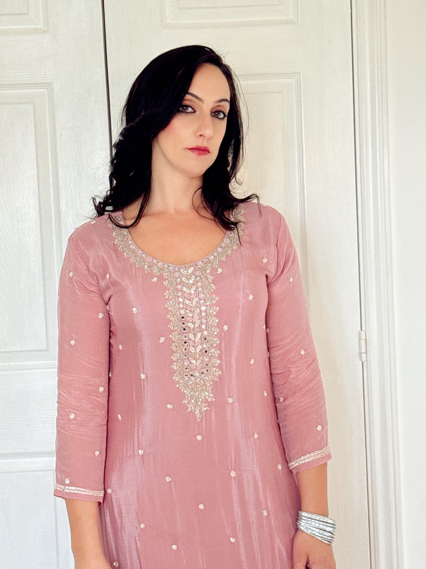 Tara Blush Pink Silk Blend Embroidered Kurta Palazzo Set
