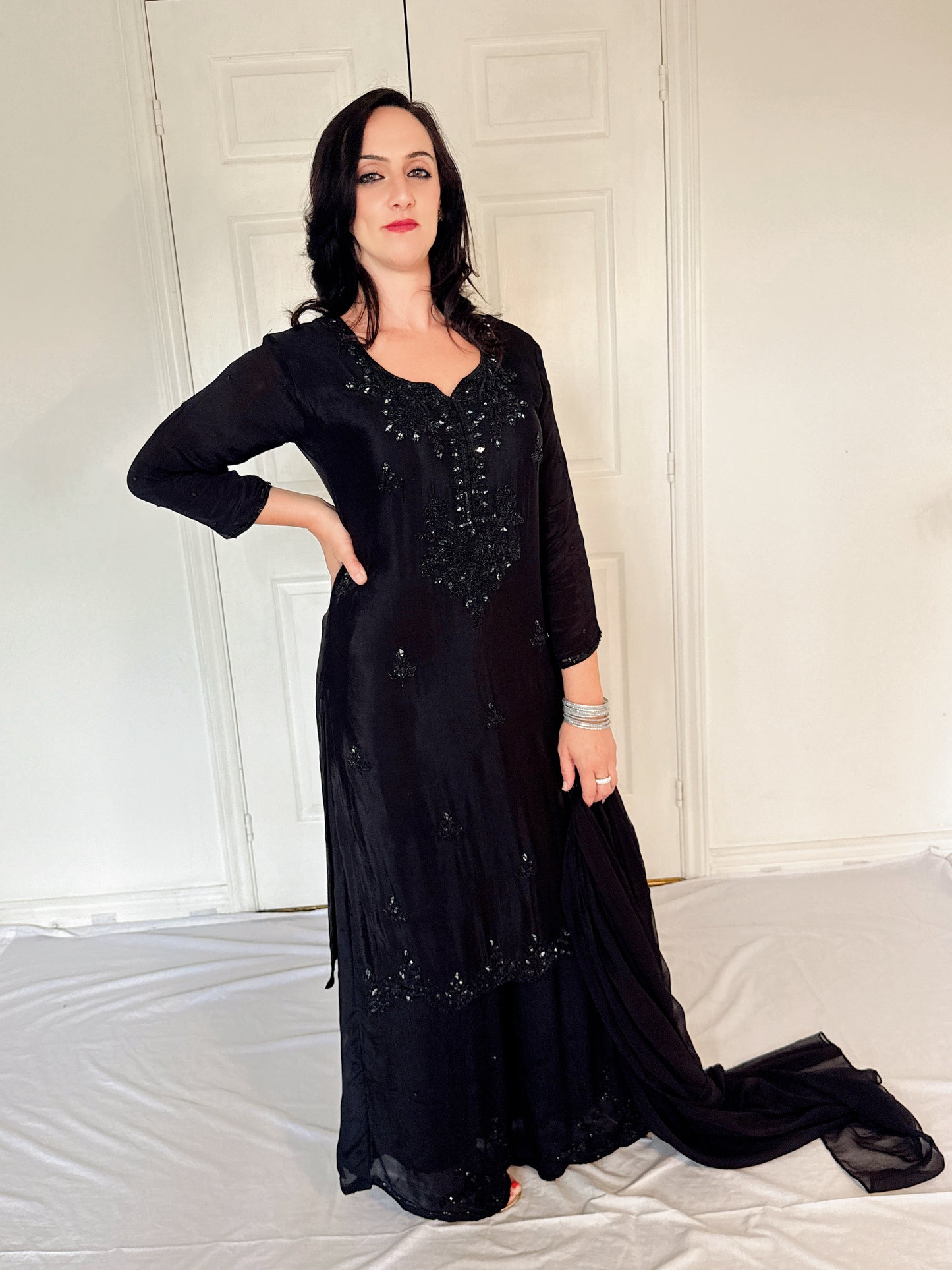 Sheeba  Black  Silk Blend Embroidered Kurta Palazzo Set