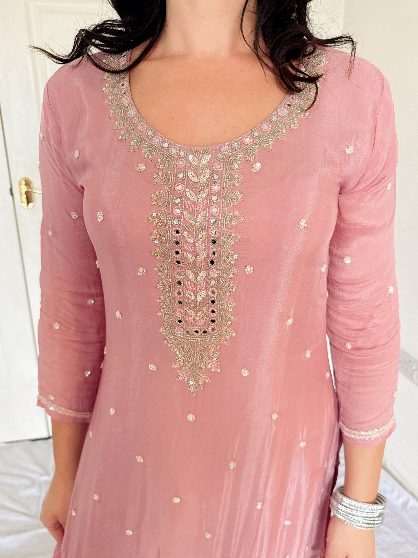 Tara Blush Pink Silk Blend Embroidered Kurta Palazzo Set
