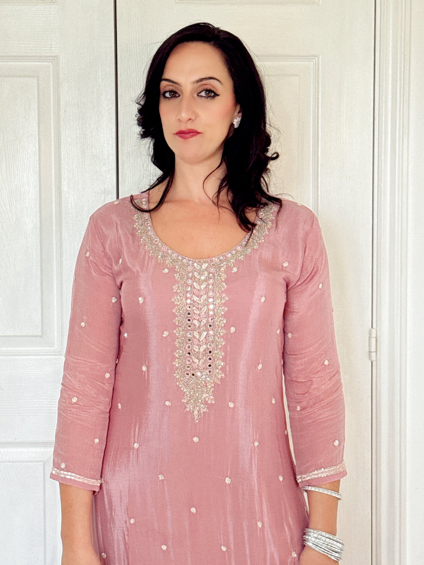 Tara Blush Pink Silk Blend Embroidered Kurta Palazzo Set