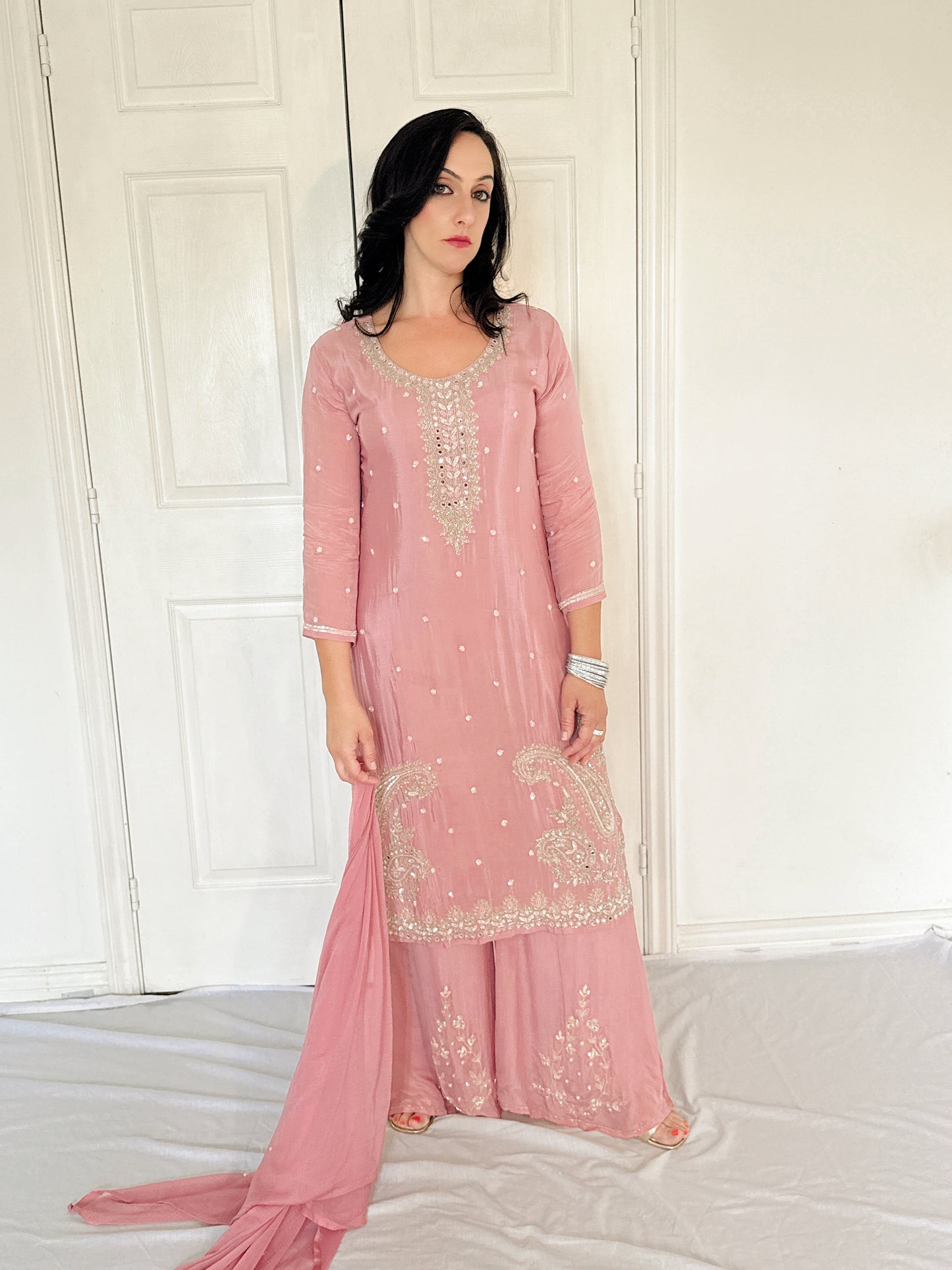 Tara Blush Pink Silk Blend Embroidered Kurta Palazzo Set