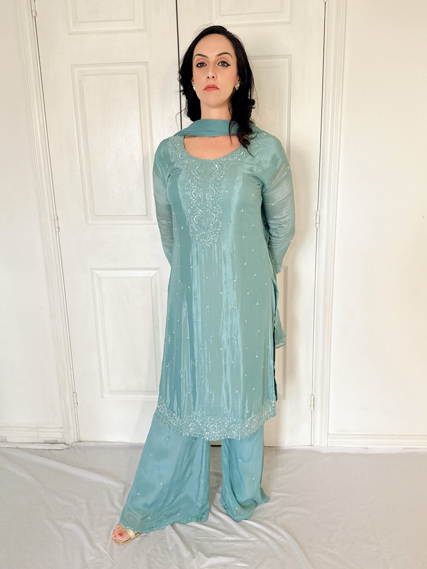 Aurelia Sea Green  Blend Embroidered Kurta Palazzo Set