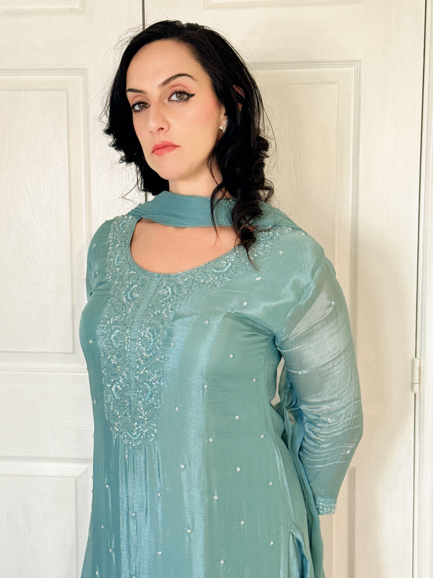 Aurelia Sea Green  Blend Embroidered Kurta Palazzo Set