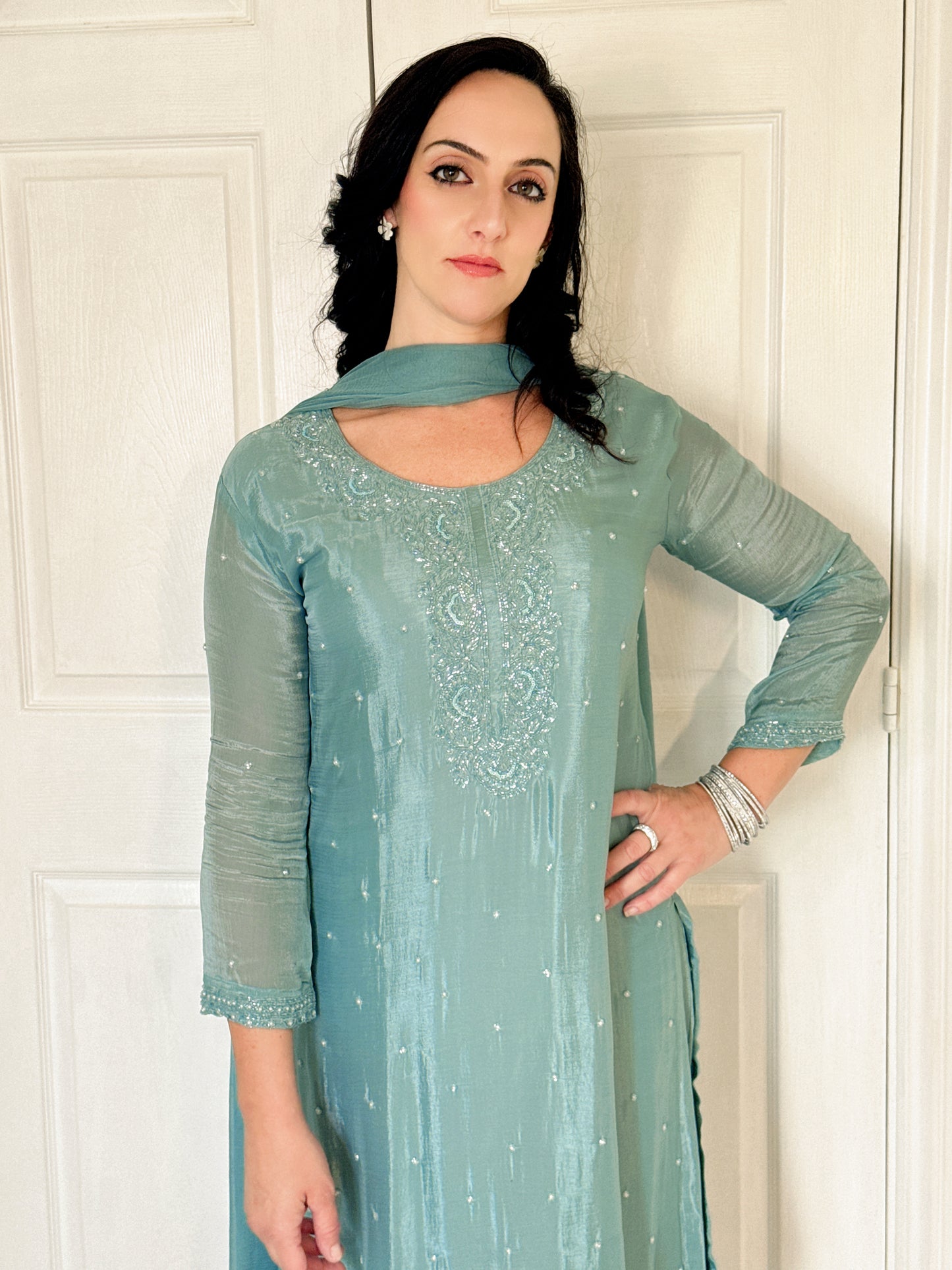 Aurelia Sea Green  Blend Embroidered Kurta Palazzo Set