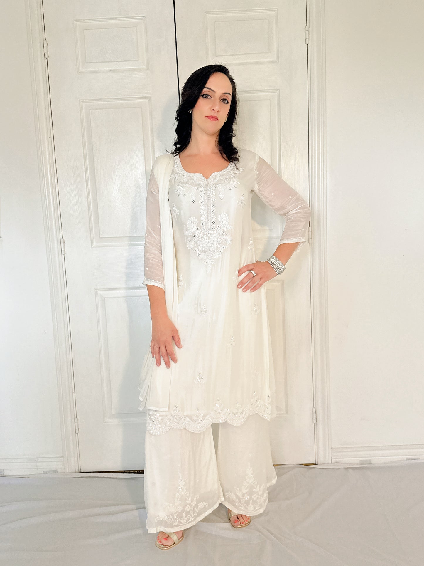Sheeba White Silk Blend Embroidered Kurta Palazzo Set