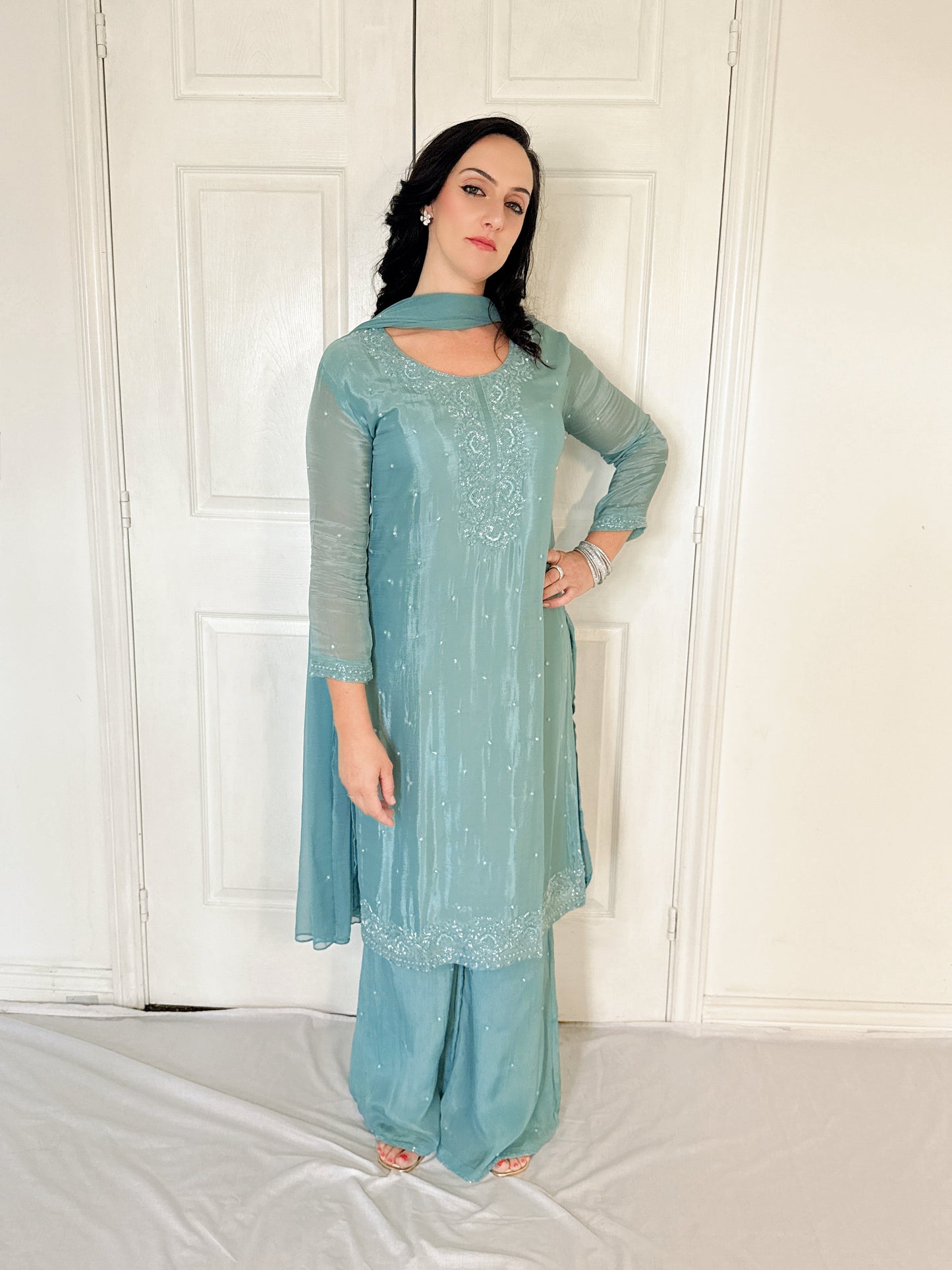Aurelia Sea Green  Blend Embroidered Kurta Palazzo Set