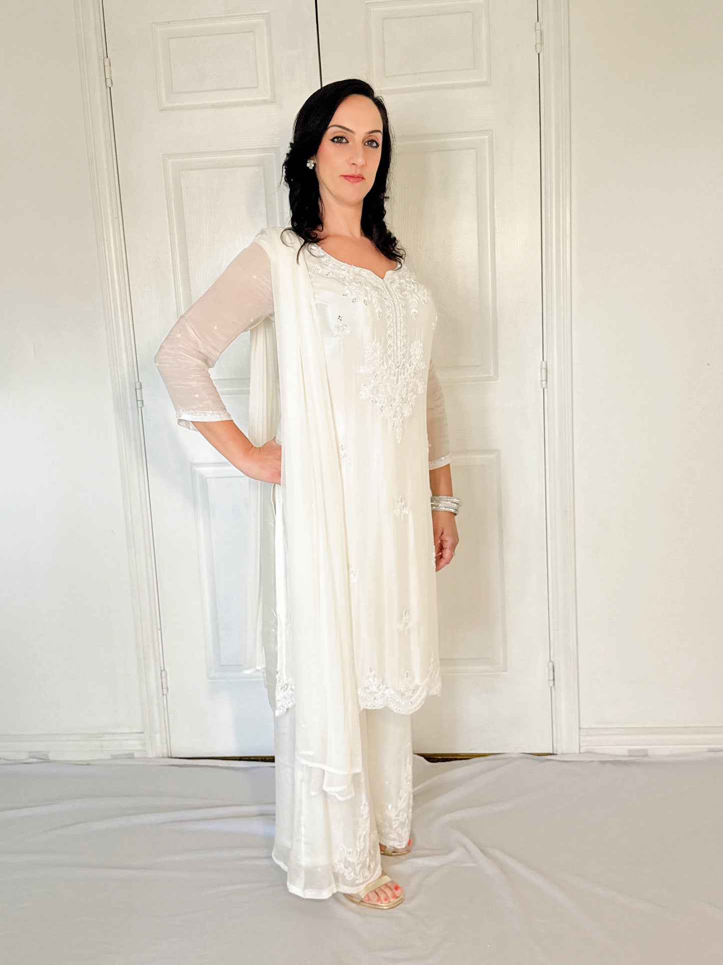 Sheeba White Silk Blend Embroidered Kurta Palazzo Set