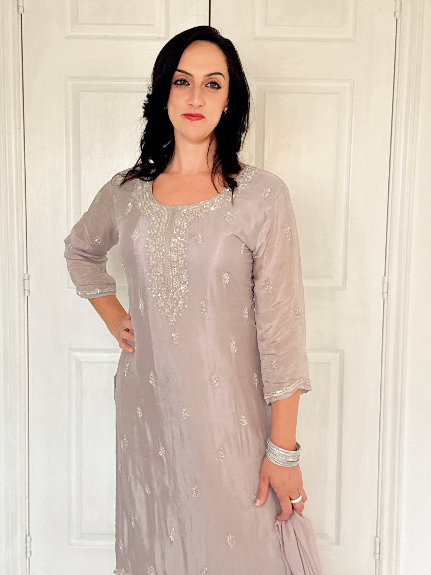 Amele Dusty Lilac Silk Blend Embroidered Kurta Palazzo Set