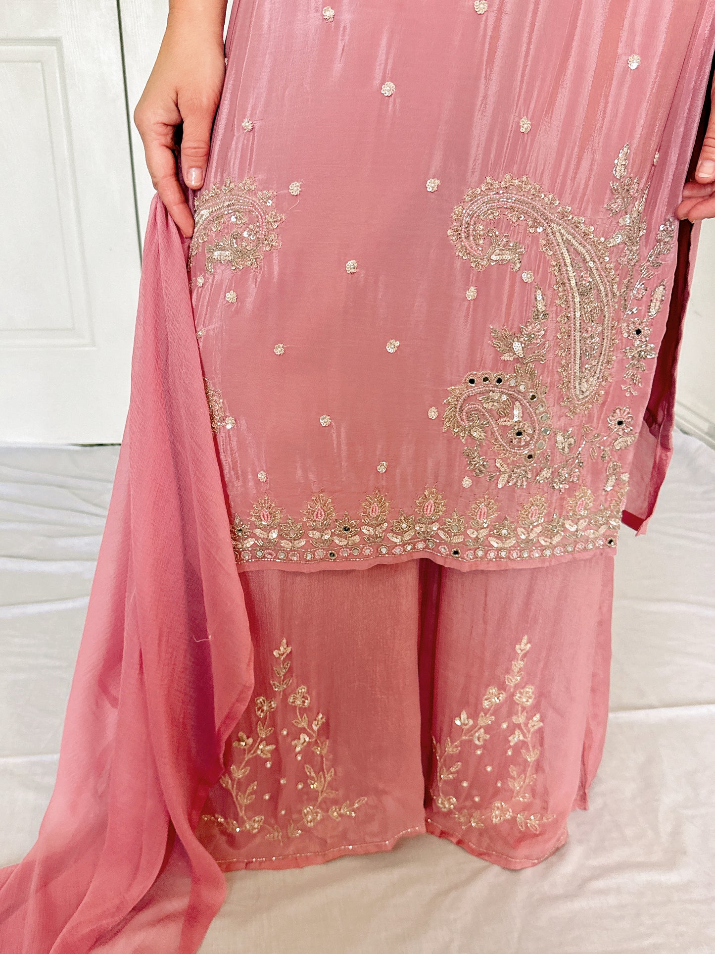 Tara Blush Pink Silk Blend Embroidered Kurta Palazzo Set