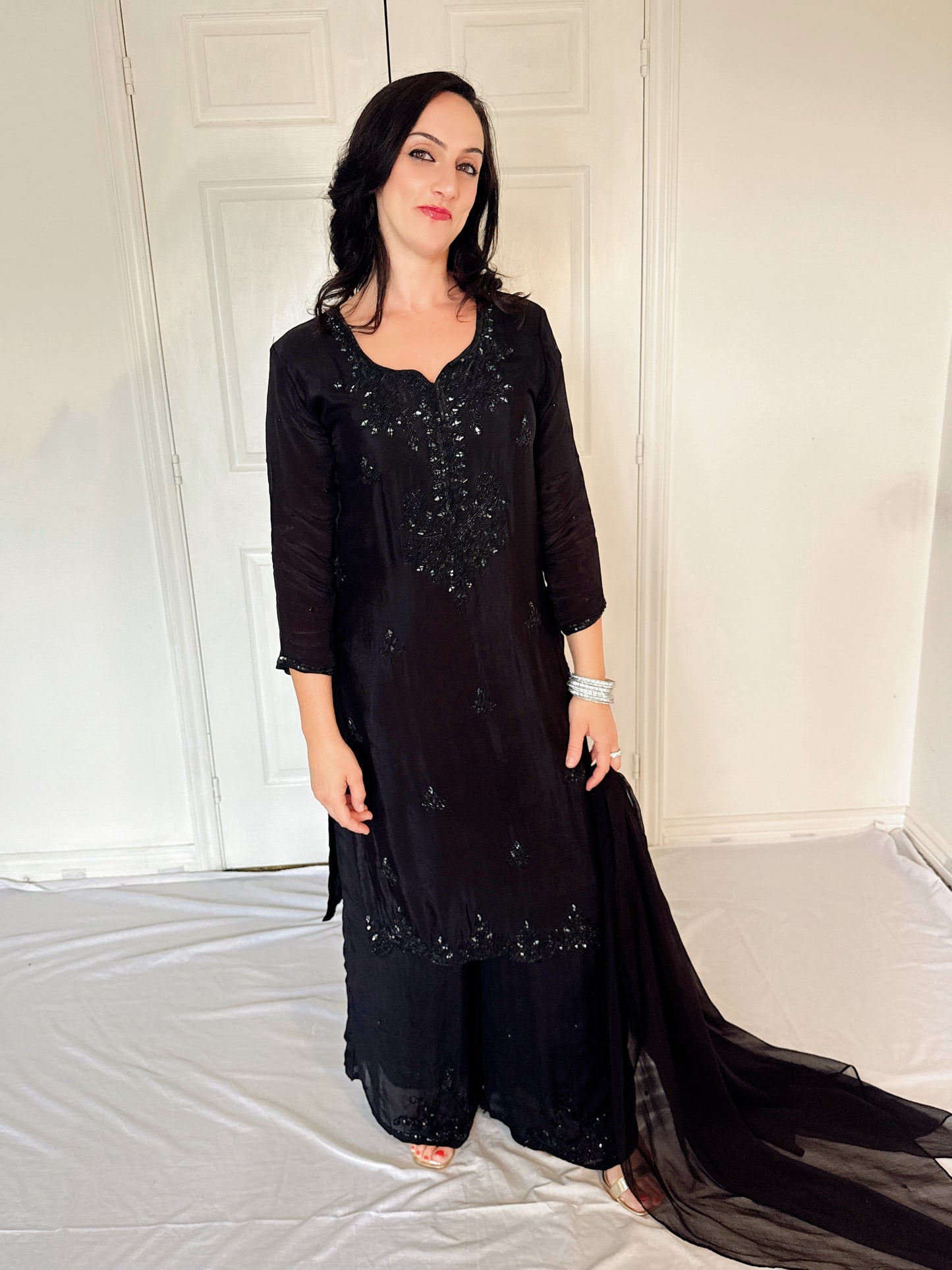Sheeba  Black  Silk Blend Embroidered Kurta Palazzo Set