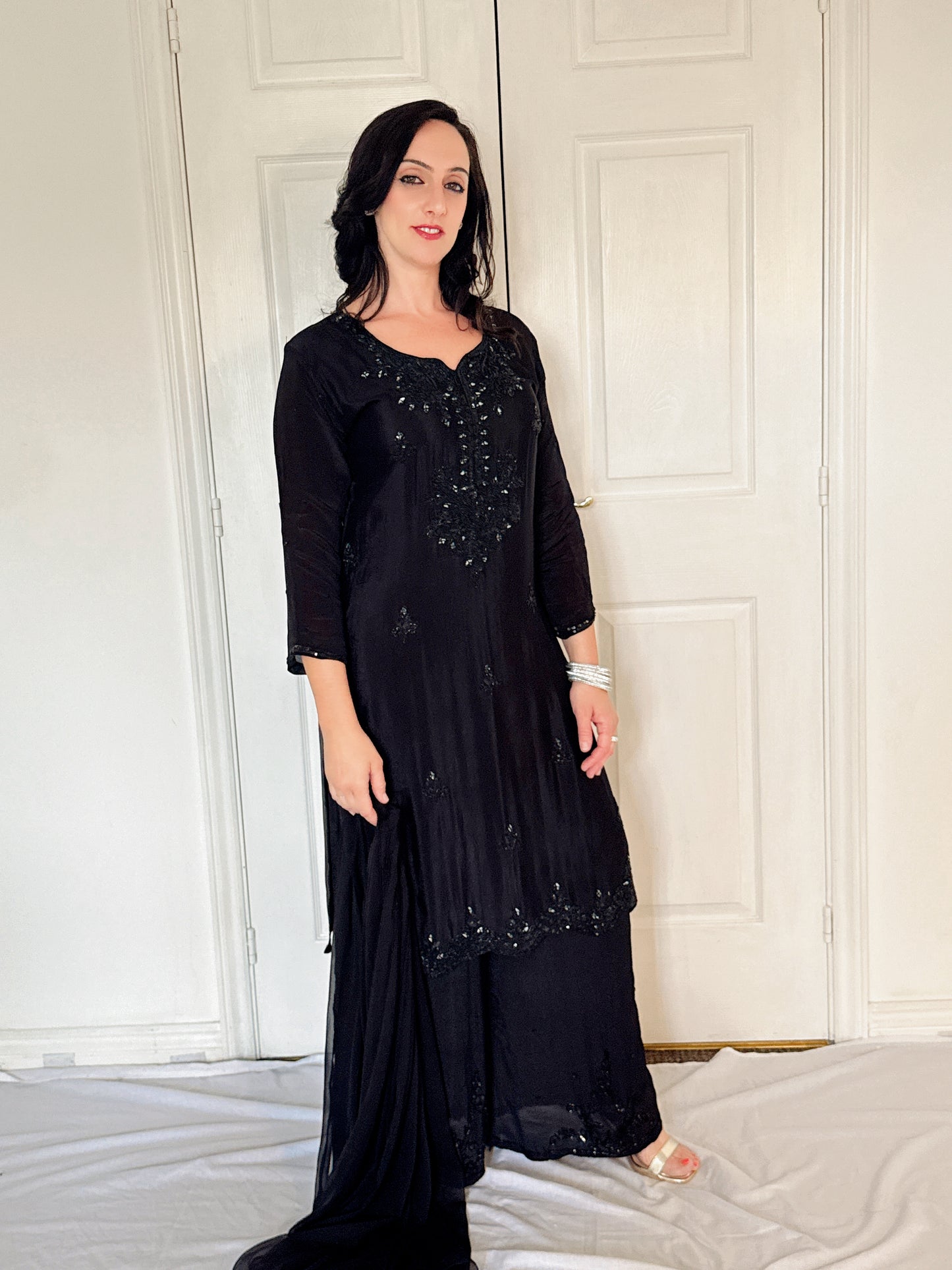 Sheeba  Black  Silk Blend Embroidered Kurta Palazzo Set