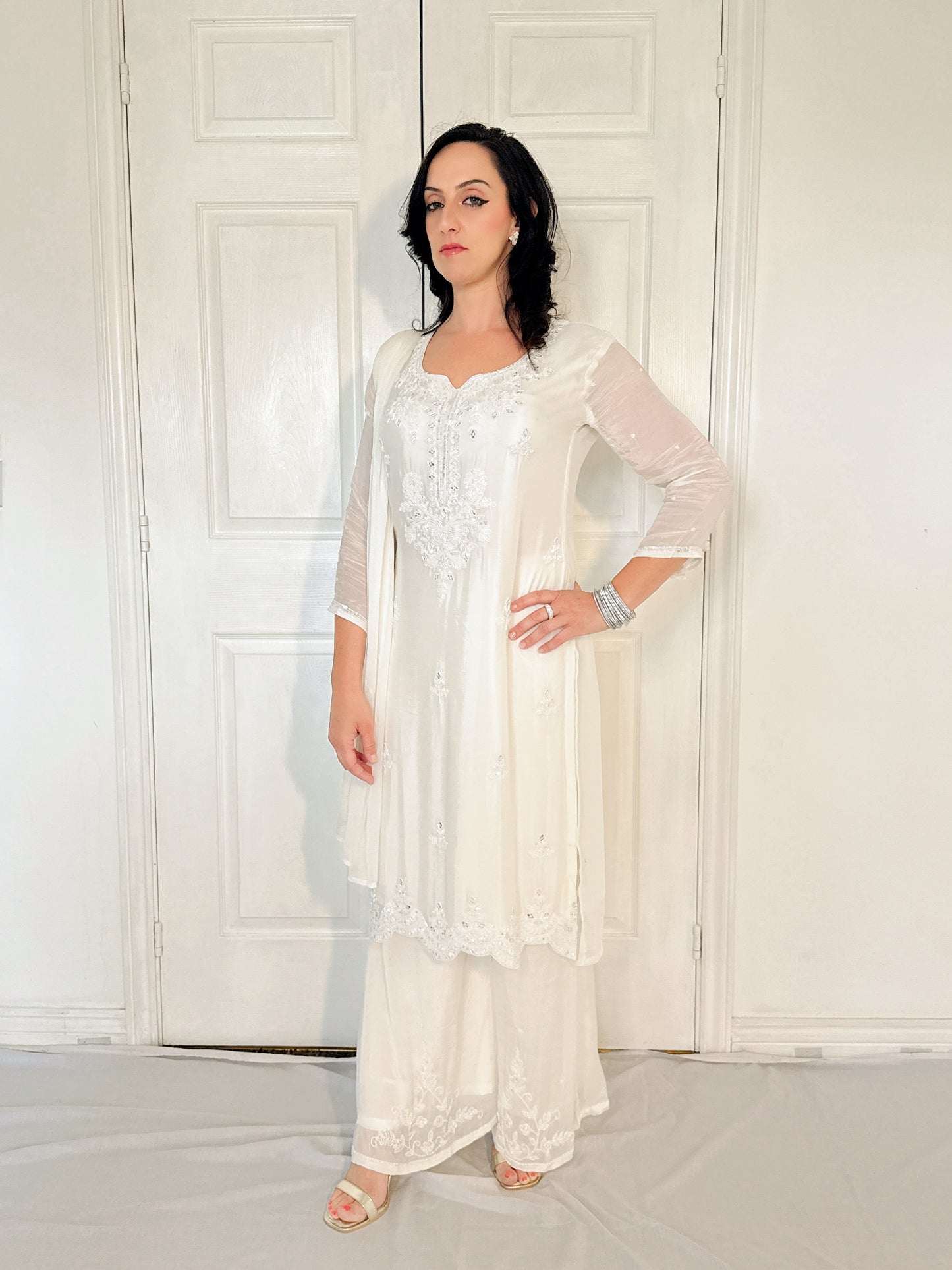 Sheeba White Silk Blend Embroidered Kurta Palazzo Set