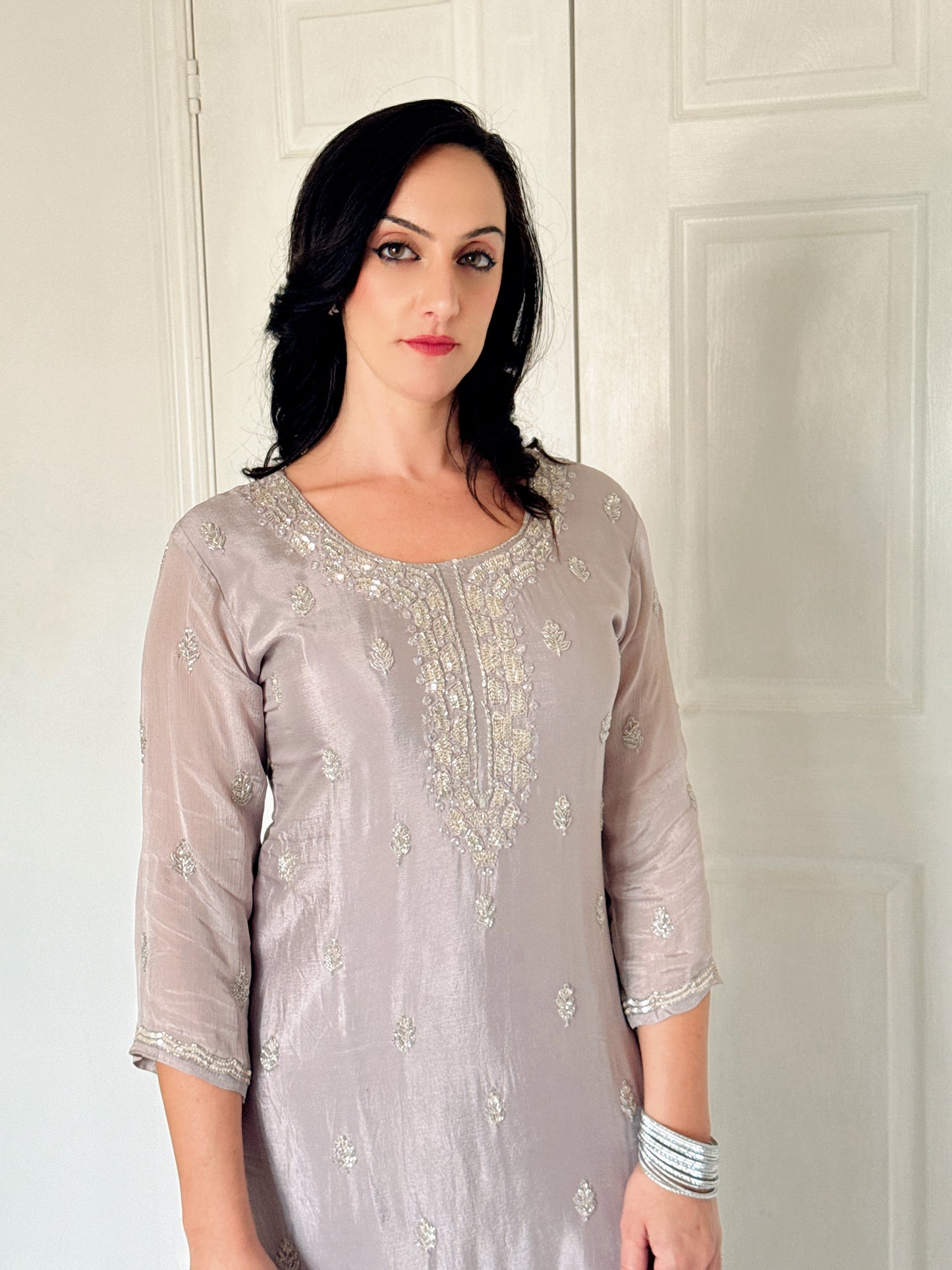Amele Dusty Lilac Silk Blend Embroidered Kurta Palazzo Set