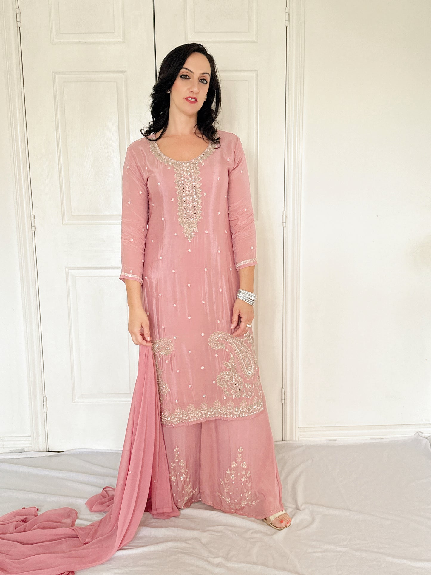 Tara Blush Pink Silk Blend Embroidered Kurta Palazzo Set