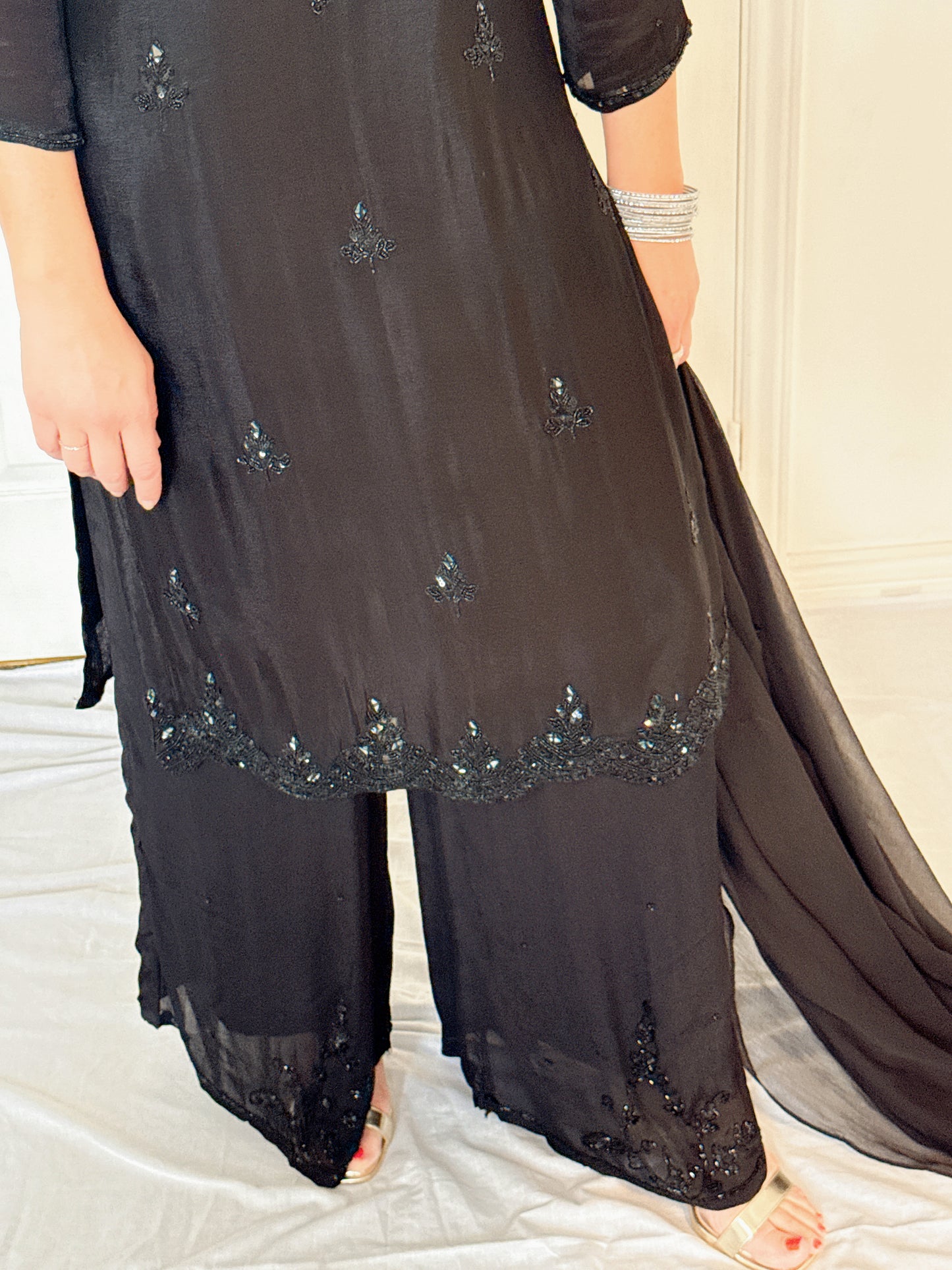 Sheeba  Black  Silk Blend Embroidered Kurta Palazzo Set