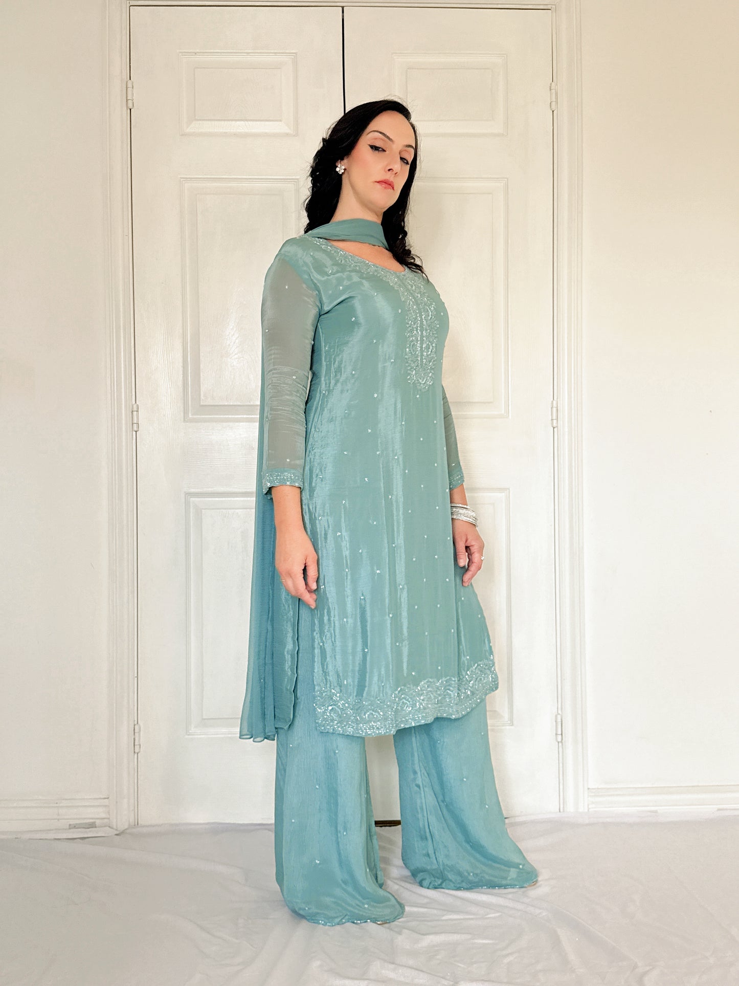Aurelia Sea Green  Blend Embroidered Kurta Palazzo Set