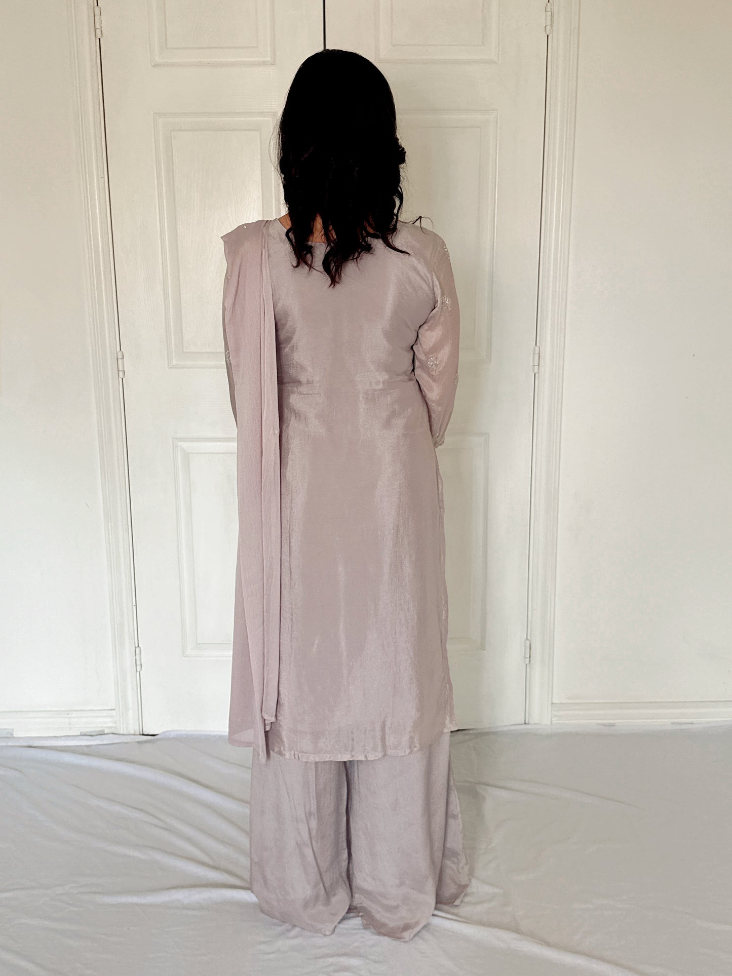 Amele Dusty Lilac Silk Blend Embroidered Kurta Palazzo Set
