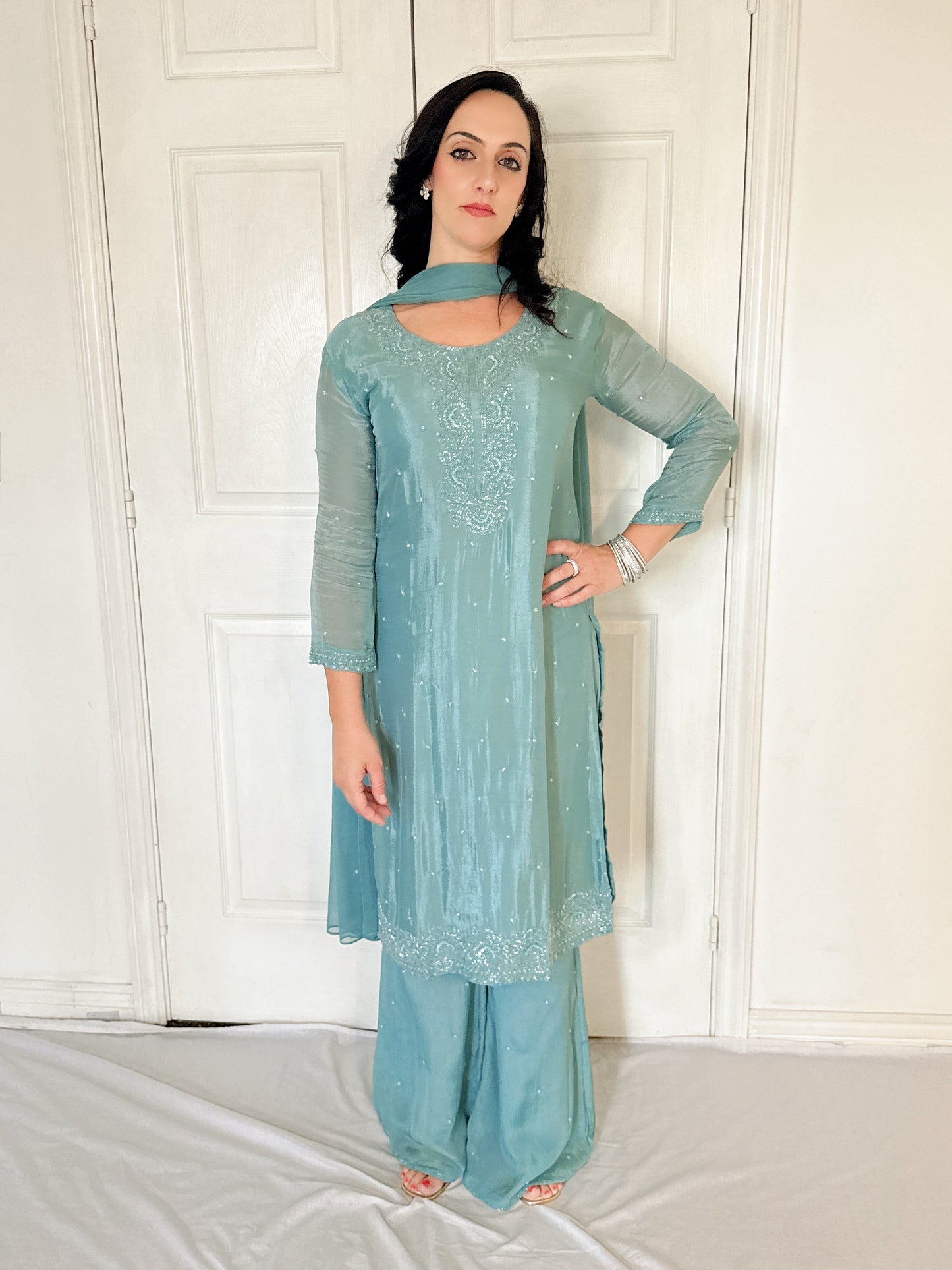 Aurelia Sea Green  Blend Embroidered Kurta Palazzo Set