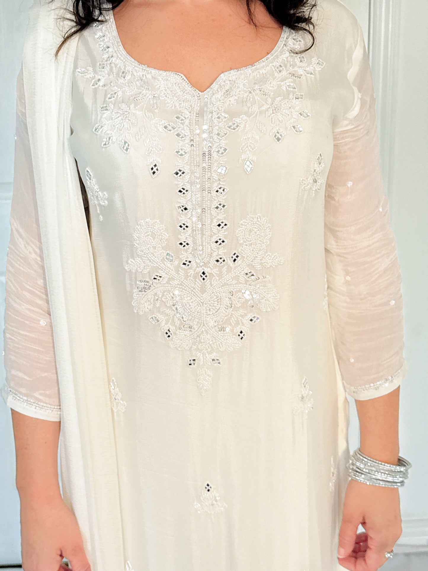 Sheeba White Silk Blend Embroidered Kurta Palazzo Set
