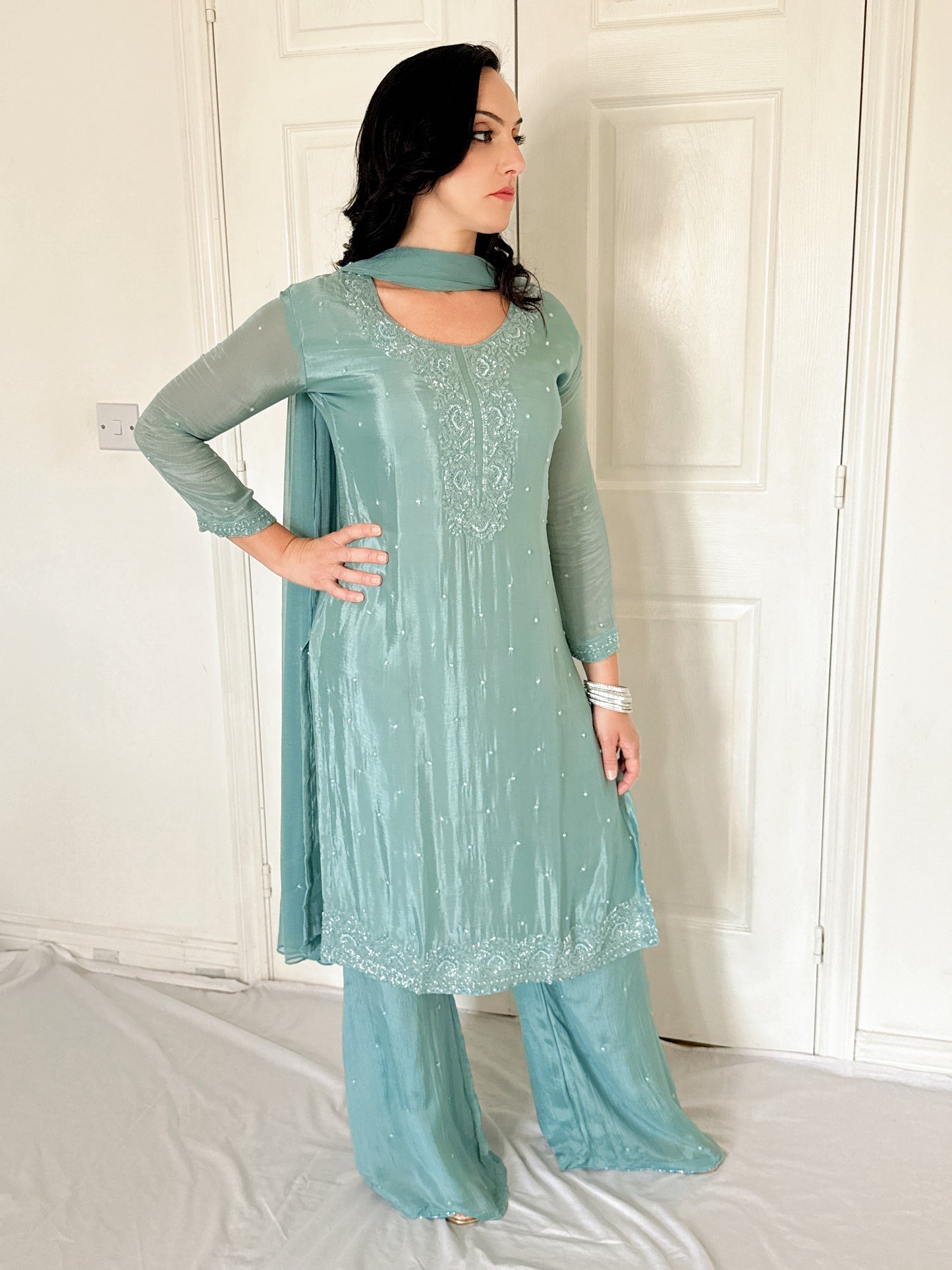 Aurelia Sea Green  Blend Embroidered Kurta Palazzo Set