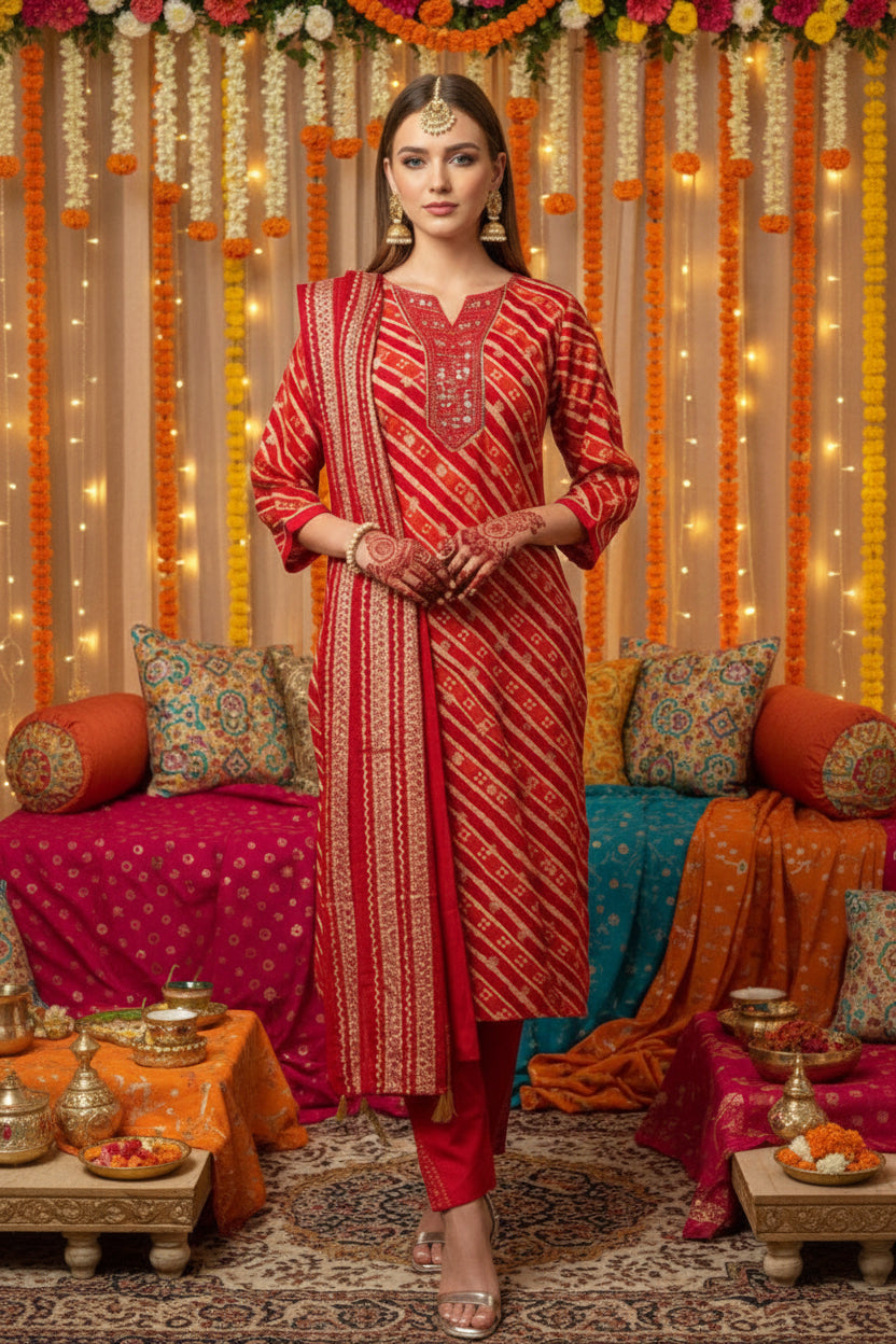 AANYA  Leheriya Print Kurta Set with Gold Motifs