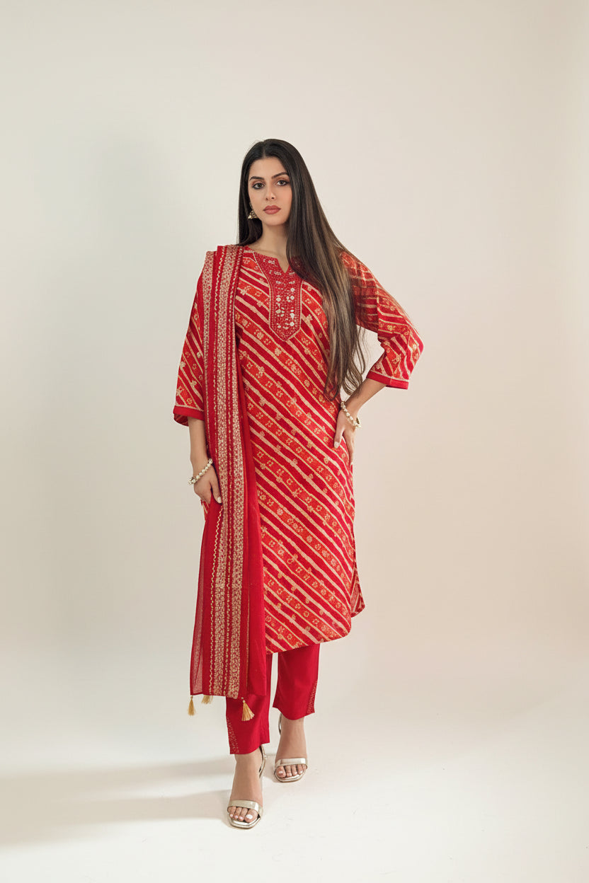 AANYA  Leheriya Print Kurta Set with Gold Motifs Front