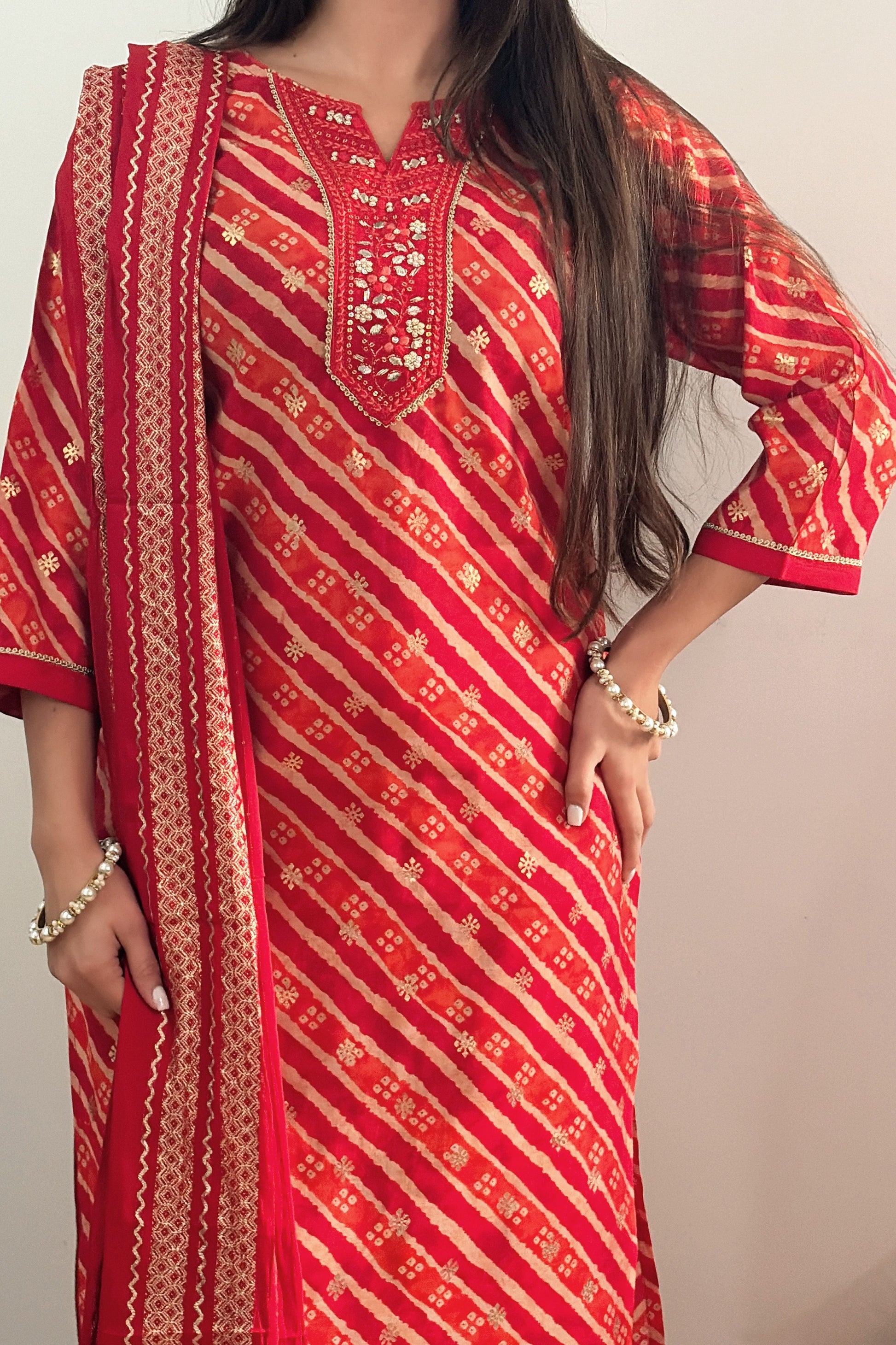 AANYA  Leheriya Print Kurta Set with Gold Motifs Front Close Up