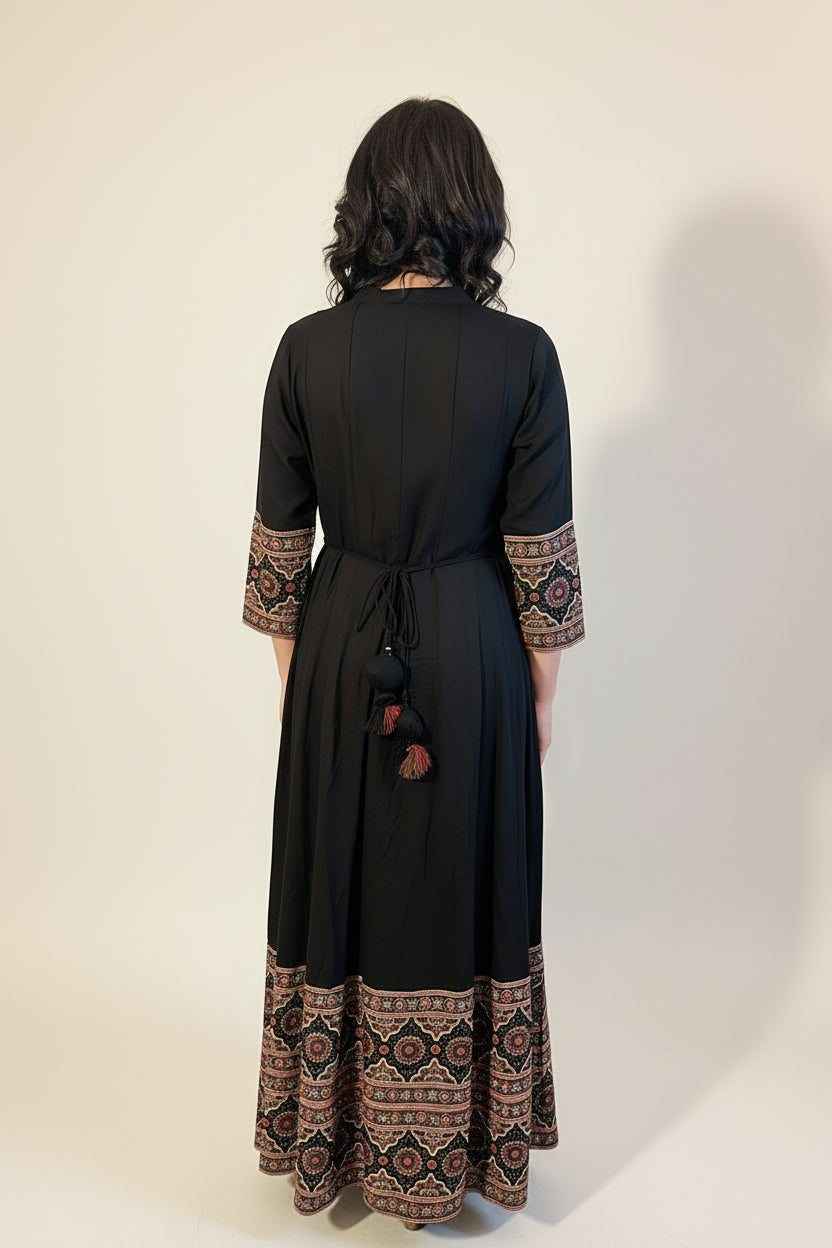 AASMA Black Ethnic Flare Anarkali Dress with Dupatta Back