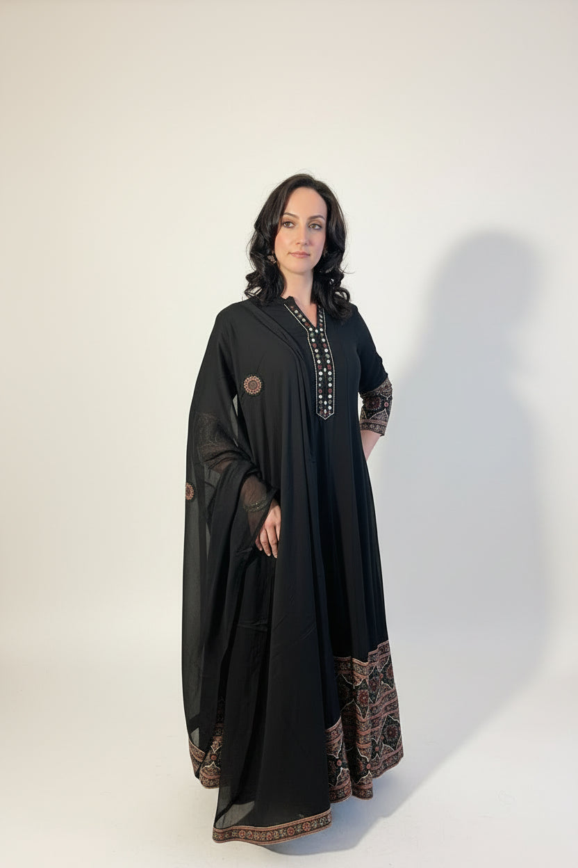 AASMA Black Ethnic Flare Anarkali Dress with Dupatta Front 1