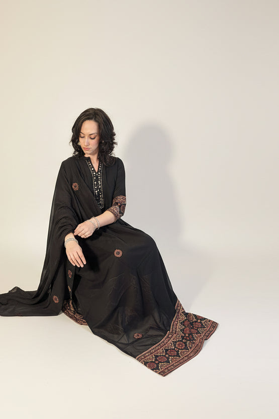 AASMA Black Ethnic Flare Anarkali Dress with Dupatta Front Sitting