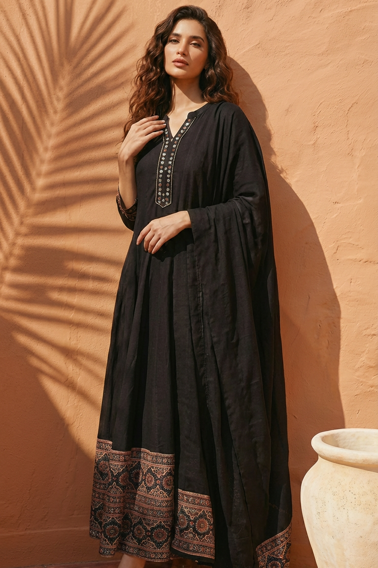 AASMA Black Ethnic Flare Anarkali Dress with Dupatta front ai 