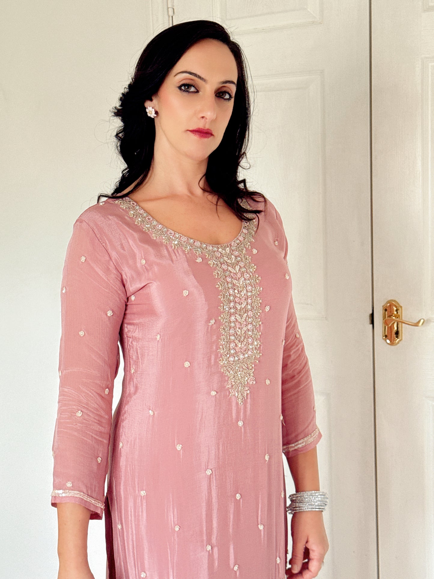 Tara Blush Pink Silk Blend Embroidered Kurta Palazzo Set