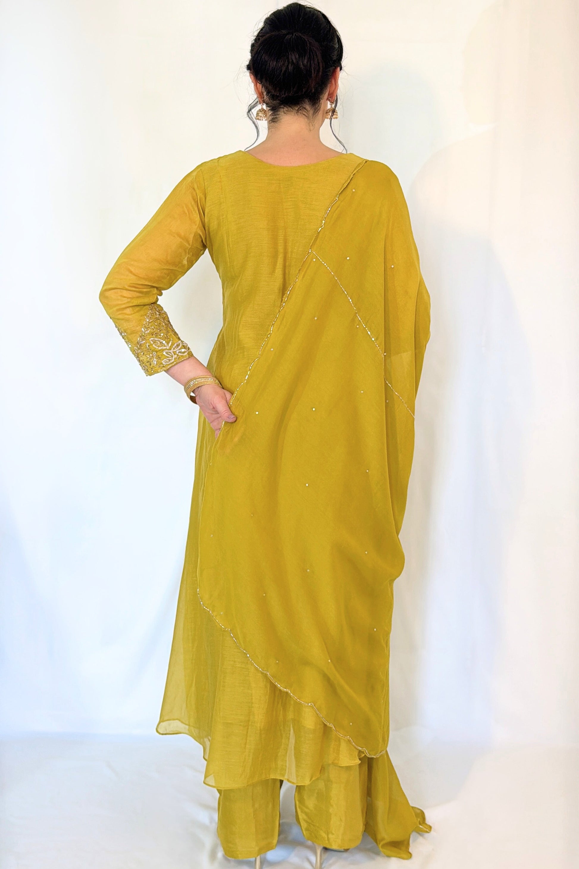 ALIA Green Mul Chanderi Embroidered Anarkali Suit Back View 