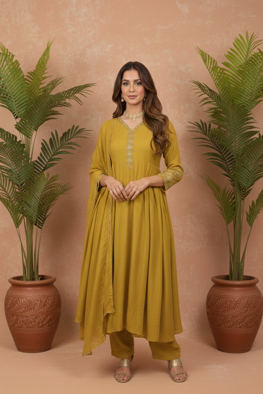 ALIA Green Mul Chanderi Embroidered Anarkali Suit Front AI 2