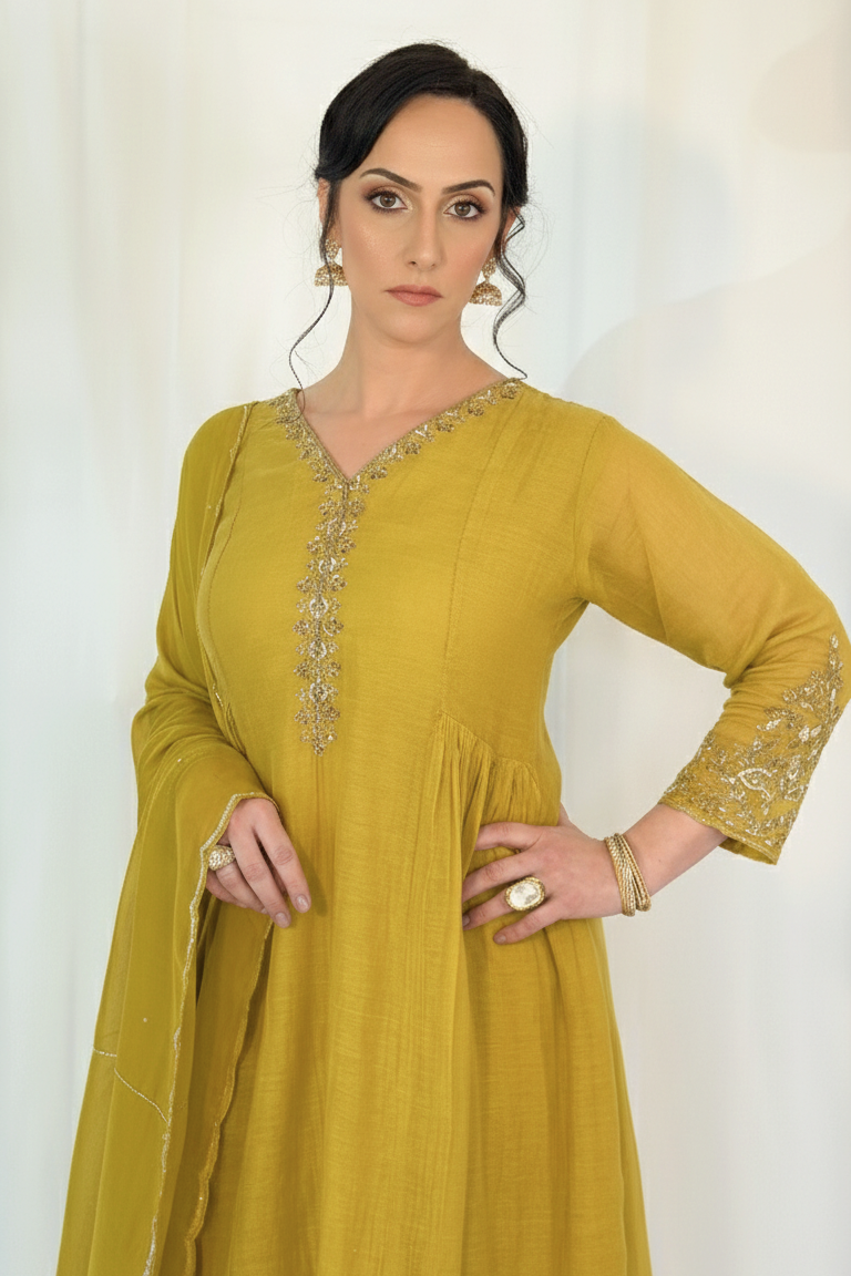 ALIA Green Mul Chanderi Embroidered Anarkali Suit side view 