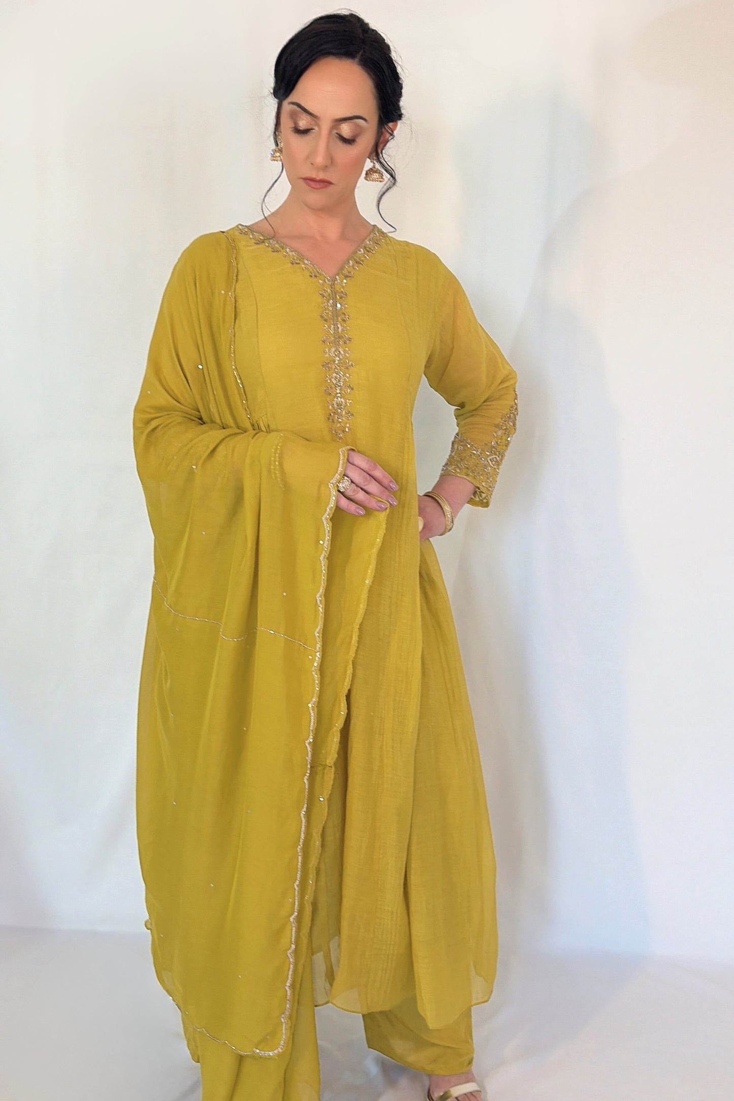 ALIA Green Mul Chanderi Embroidered Anarkali Suit side view full 